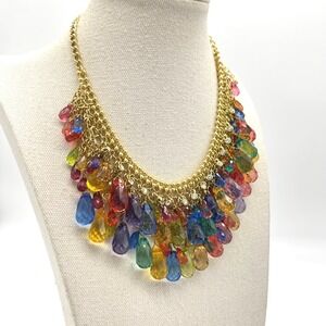 Scaasi Multi Color Teardrop Bib Necklace Gold Tone Adjustable Statement Chain